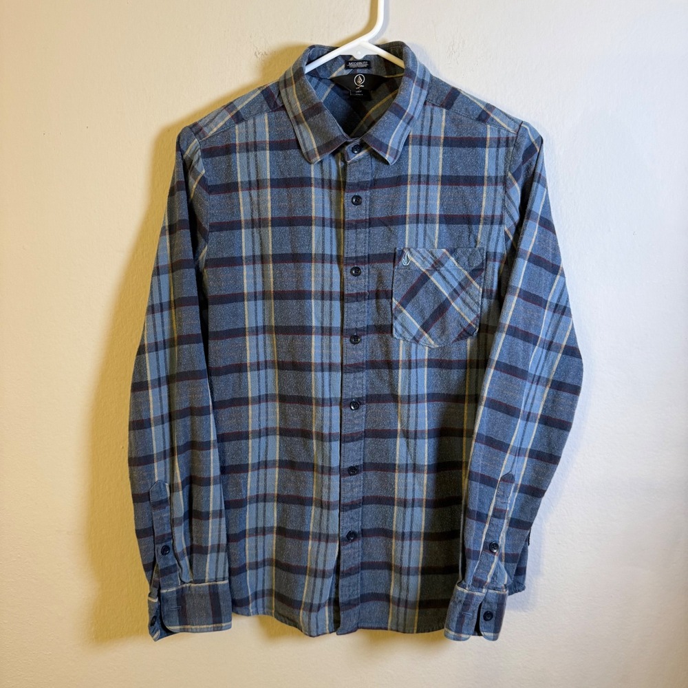 Volcom Mens Modern Fit Blue Plaid Flannel Button Down Shirt Small A0531605